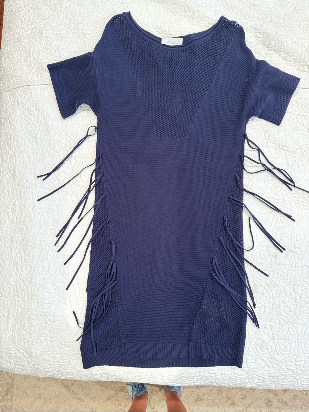 Navy Knit Fringe Short-Sleeve Dress